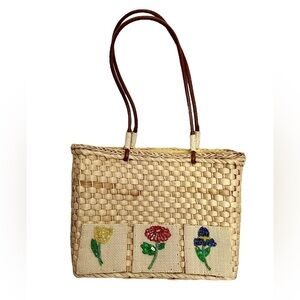 Woven Corn Husk Bag with Beaded‎ Embroidery Flowers and Leather Handle